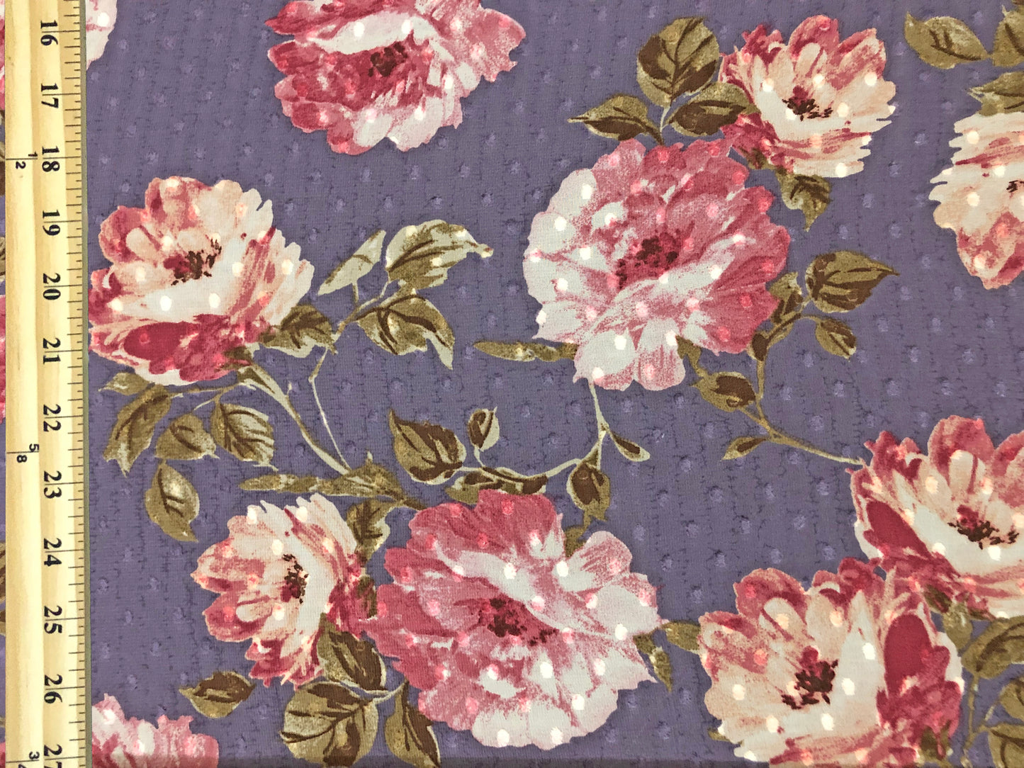 Dusty-Purple Swiss-Dot Chiffon with Rose-Pink & Ivory Roses — Sheer, 52" Wide, No Stretch — By the Yard (CFPR07)