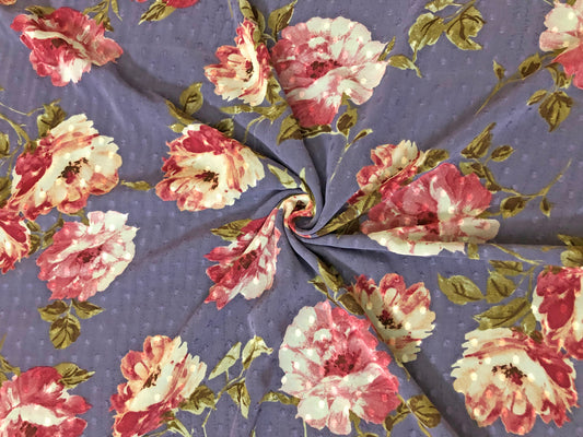 Dusty-Purple Swiss-Dot Chiffon with Rose-Pink & Ivory Roses — Sheer, 52" Wide, No Stretch — By the Yard (CFPR07)