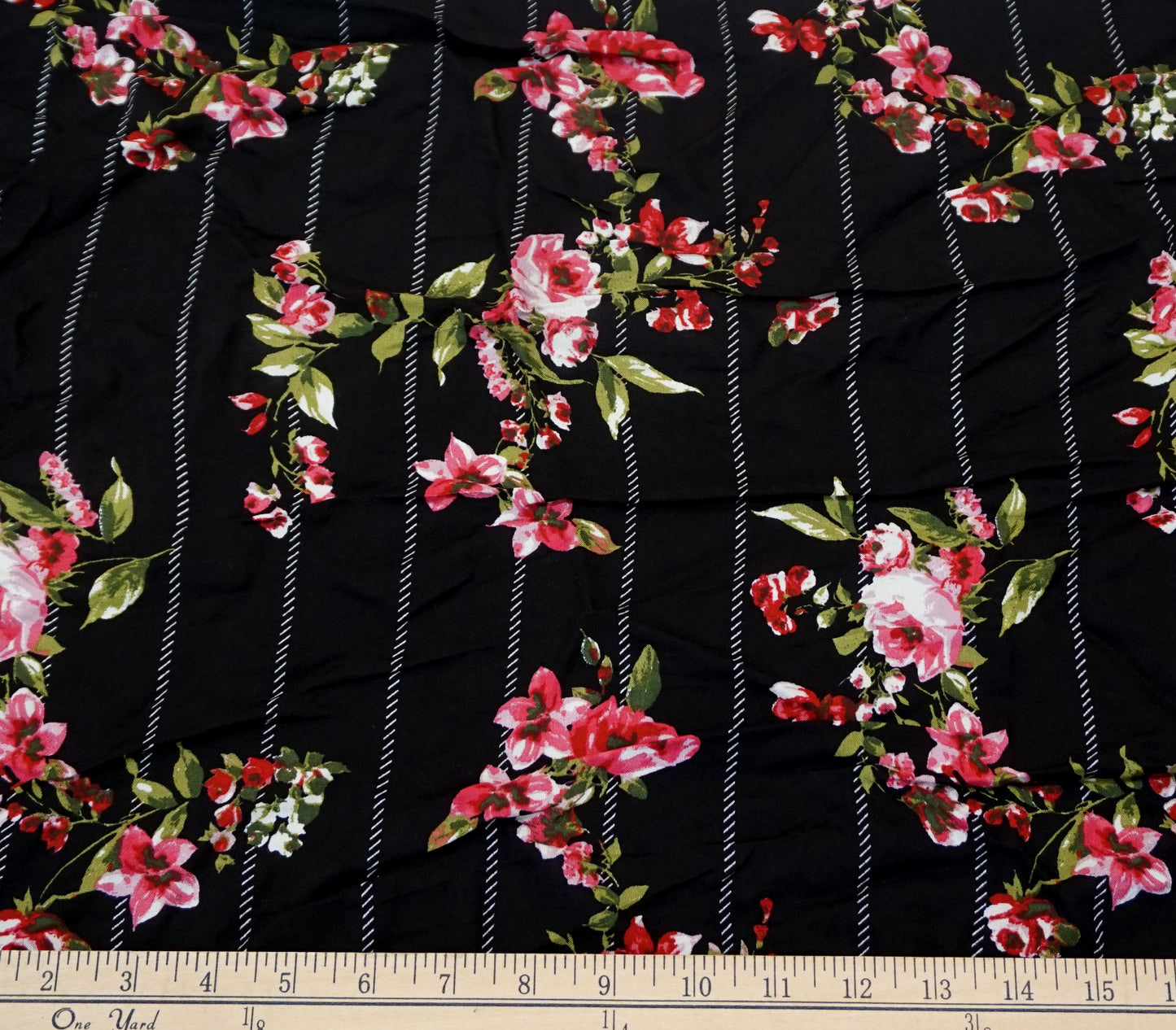Black Rose Stripe Rayon Challis Fabric — 56″ Wide, No Stretch — Soft, Drapey Apparel by the Yard (RCHPR01)