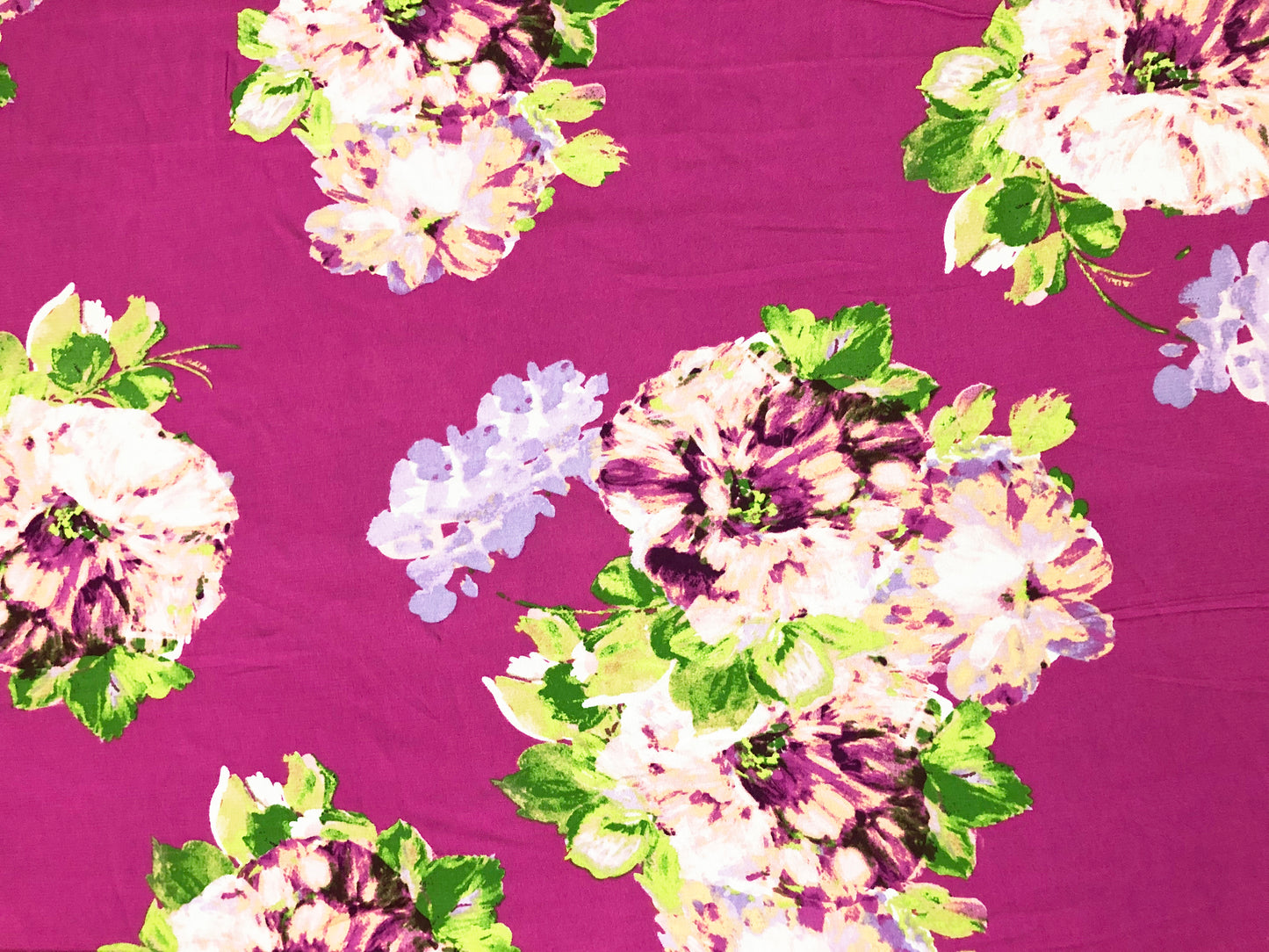 Rayon Challis Fabric — Magenta Floral Cluster (Cream/Lilac/Purple • Fresh Green) — 56″ Wide, No Stretch — By the Yard (RCHPR024)