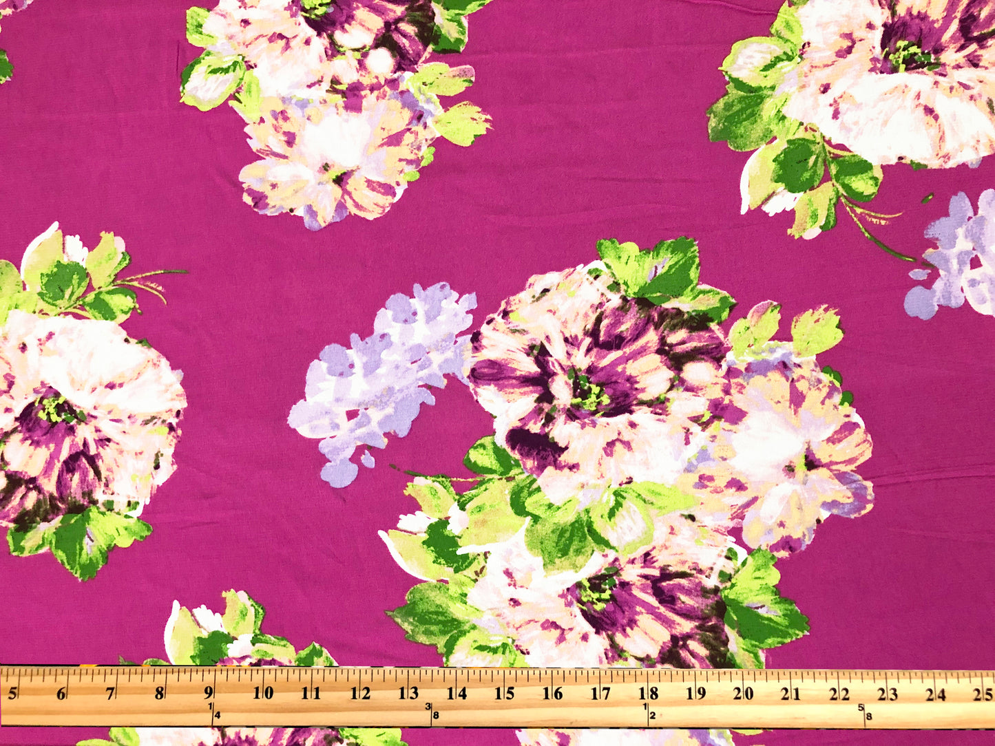 Rayon Challis Fabric — Magenta Floral Cluster (Cream/Lilac/Purple • Fresh Green) — 56″ Wide, No Stretch — By the Yard (RCHPR024)