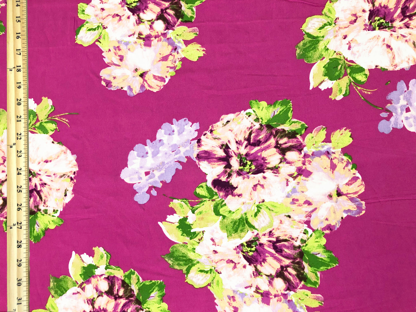 Rayon Challis Fabric — Magenta Floral Cluster (Cream/Lilac/Purple • Fresh Green) — 56″ Wide, No Stretch — By the Yard (RCHPR024)