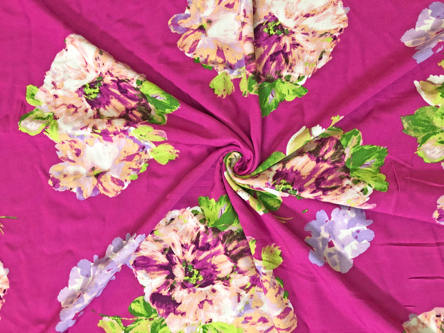 Rayon Challis Fabric — Magenta Floral Cluster (Cream/Lilac/Purple • Fresh Green) — 56″ Wide, No Stretch — By the Yard (RCHPR024)