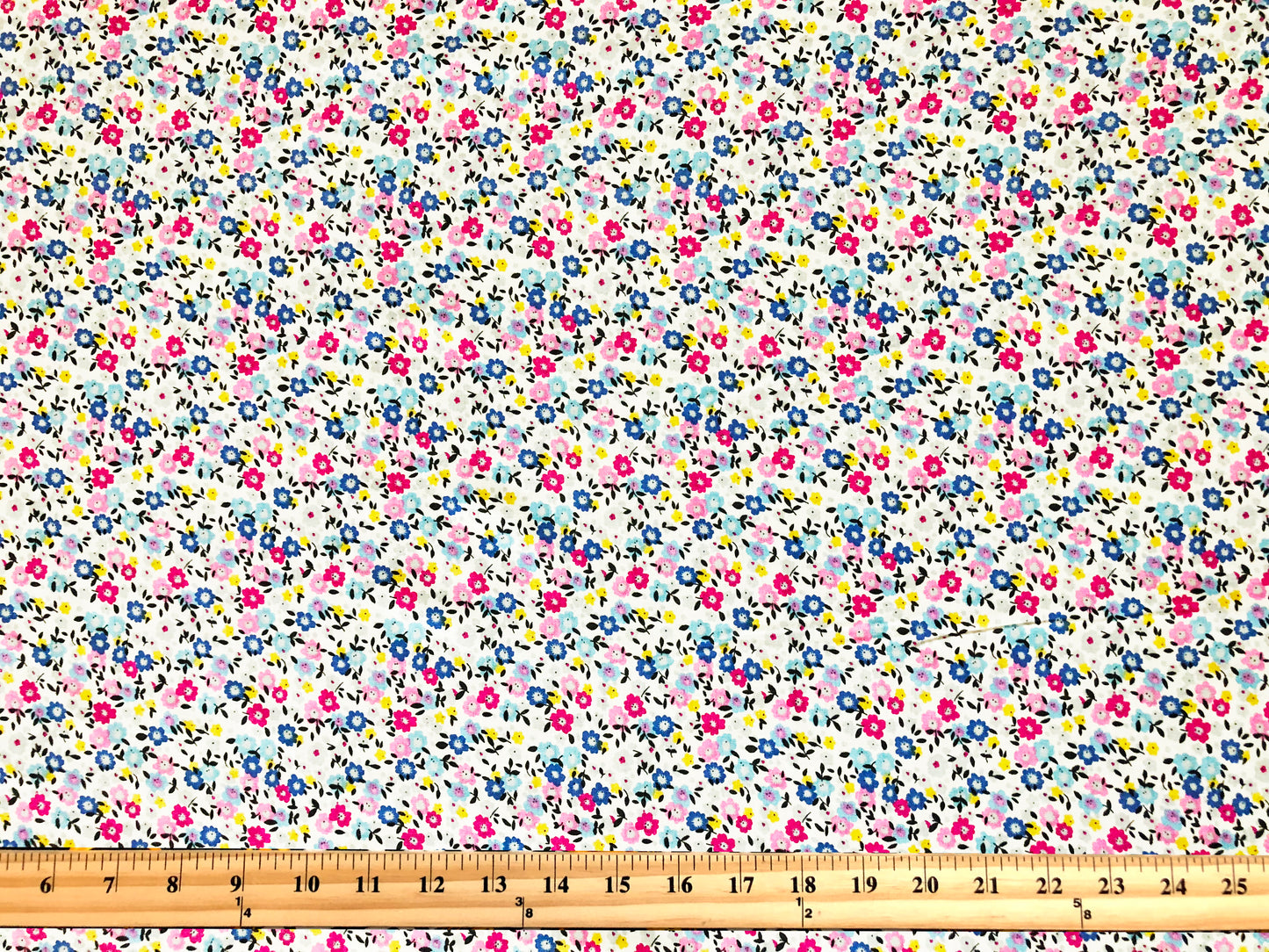 Rayon Challis Fabric — White Ditsy Floral (Pink/Blue/Yellow) — 56″ Wide, No Stretch — By the Yard (RCHPR026)