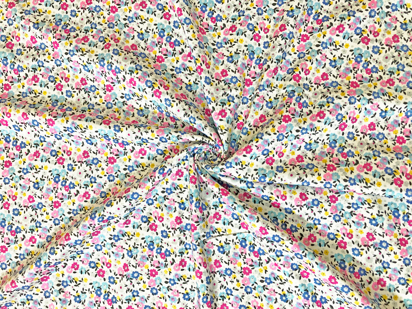 Rayon Challis Fabric — White Ditsy Floral (Pink/Blue/Yellow) — 56″ Wide, No Stretch — By the Yard (RCHPR026)