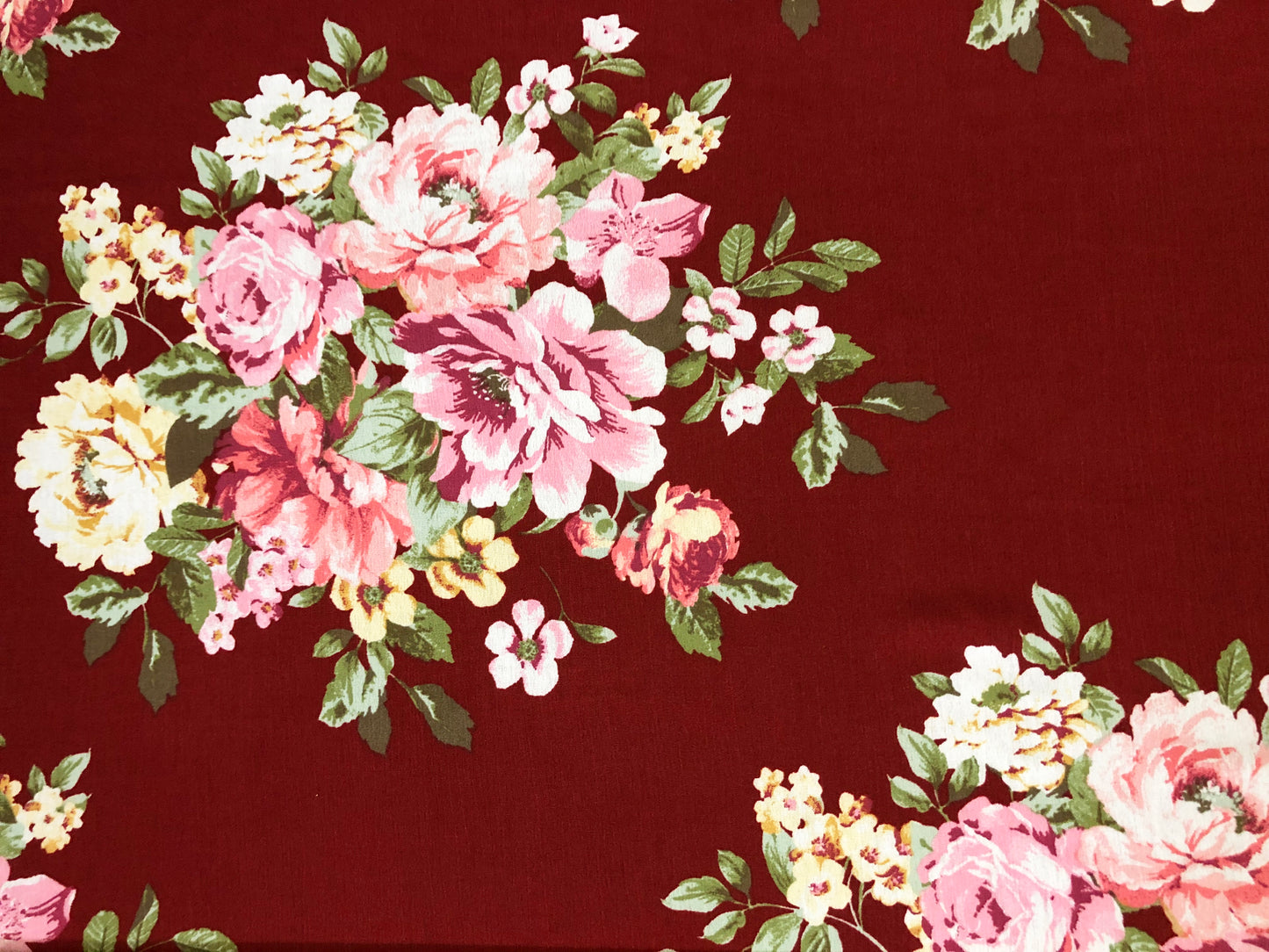 Burgundy Rayon Crinkle with Pink Rose Bouquets & Green Leaves — 100% Rayon, 52″ Wide — Fabric by the Yard (RCKPR05)