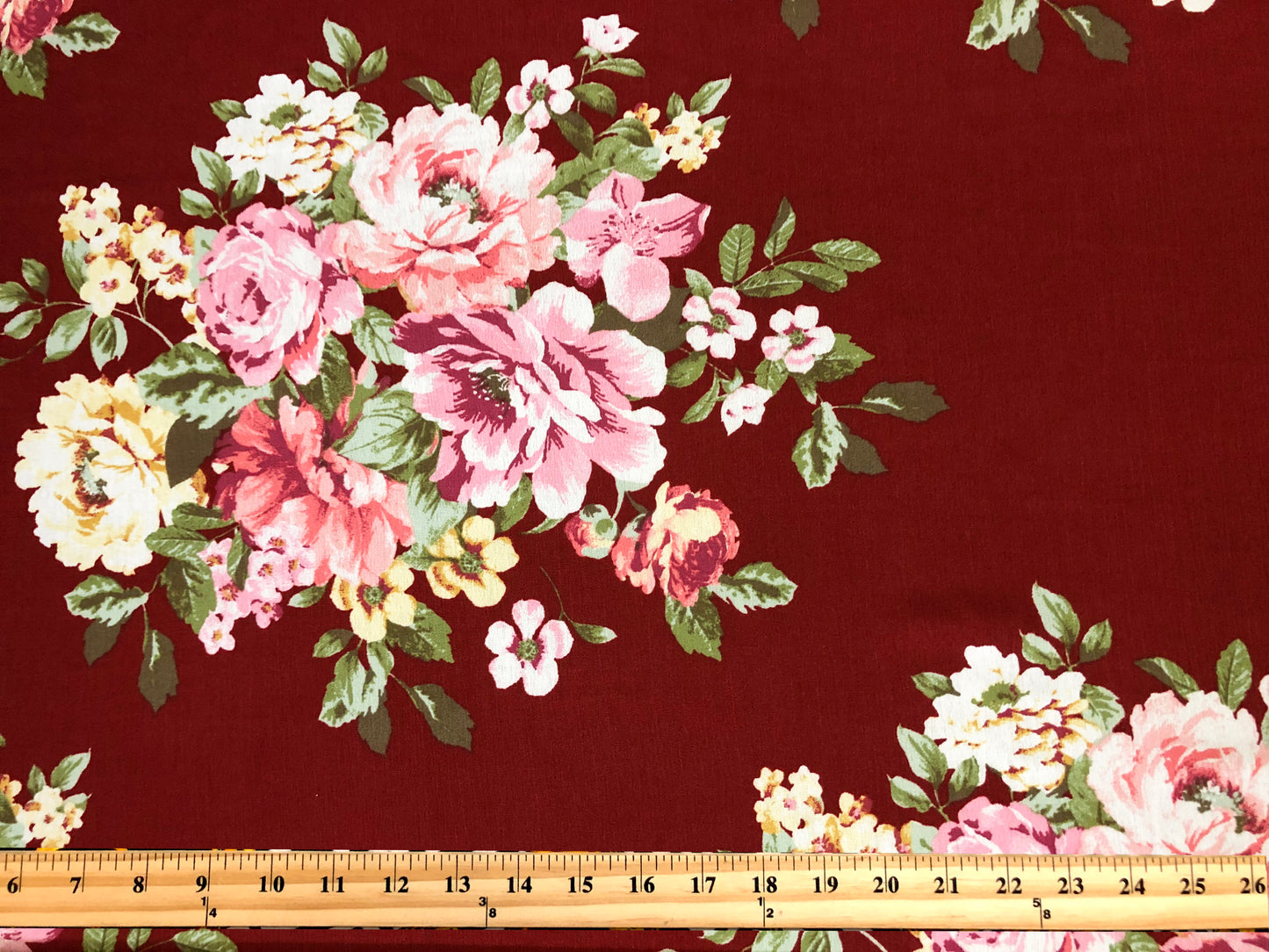 Burgundy Rayon Crinkle with Pink Rose Bouquets & Green Leaves — 100% Rayon, 52″ Wide — Fabric by the Yard (RCKPR05)