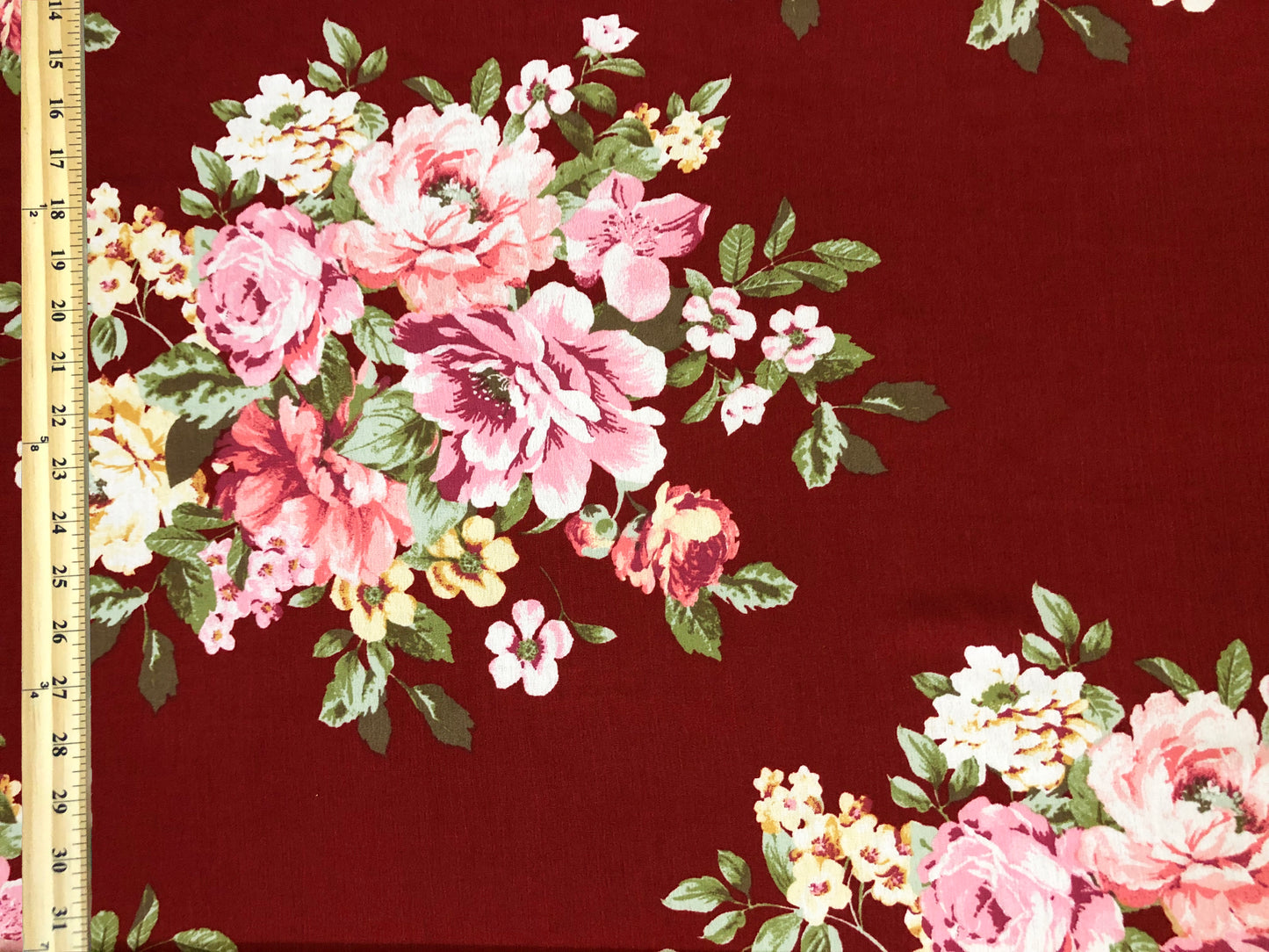 Burgundy Rayon Crinkle with Pink Rose Bouquets & Green Leaves — 100% Rayon, 52″ Wide — Fabric by the Yard (RCKPR05)