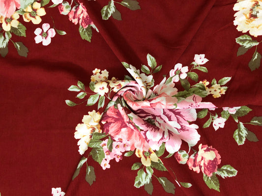 Burgundy Rayon Crinkle with Pink Rose Bouquets & Green Leaves — 100% Rayon, 52″ Wide — Fabric by the Yard (RCKPR05)