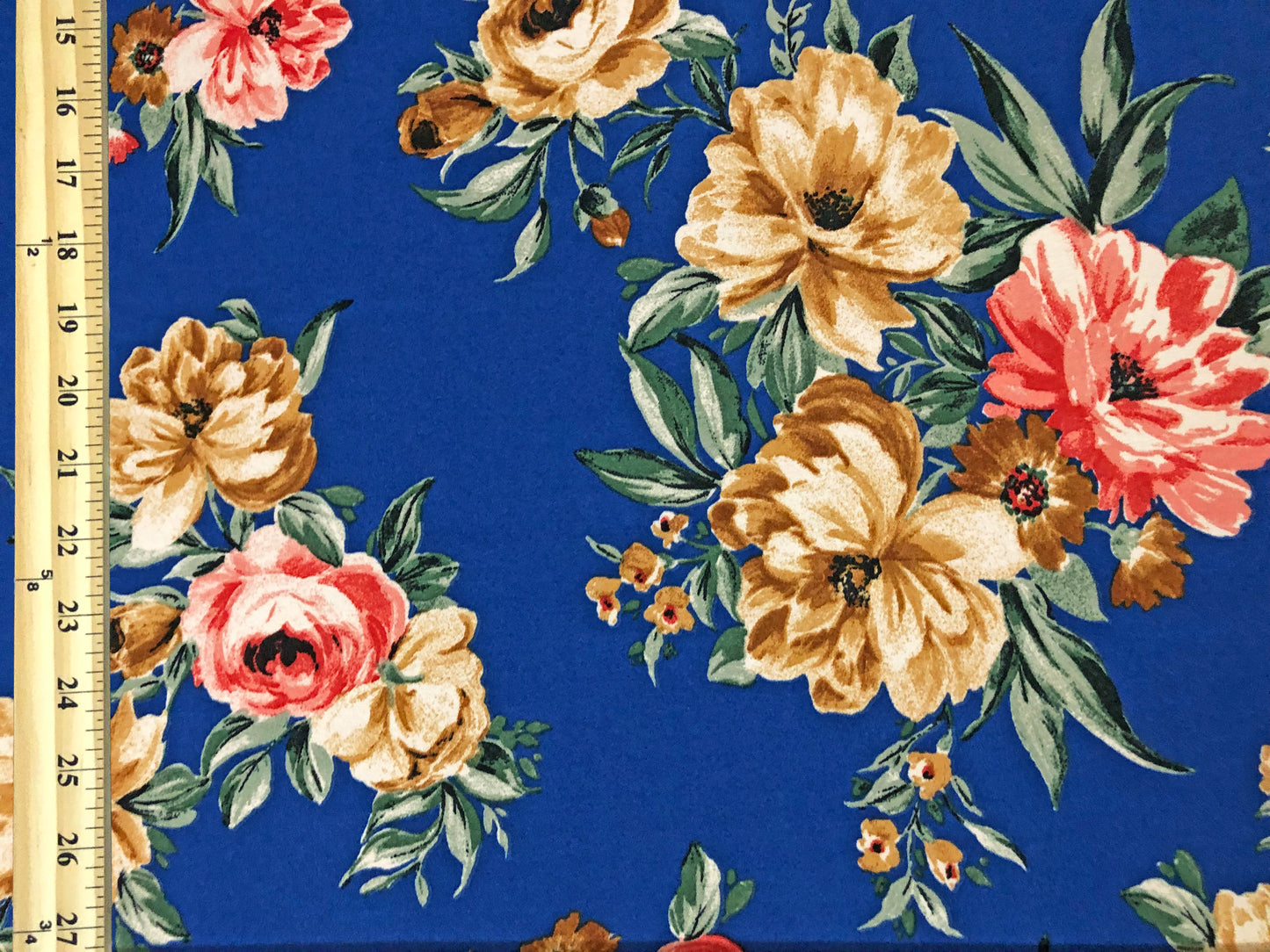 Techno Crepe Knit Fabric – 4-Way Stretch, Silky Drape, Wrinkle-Resistant, 56″ Wide, 240 GSM – Royal Blue/Caramel/Red Floral with Green Leaves – Sold by the Yard (TCRP019)