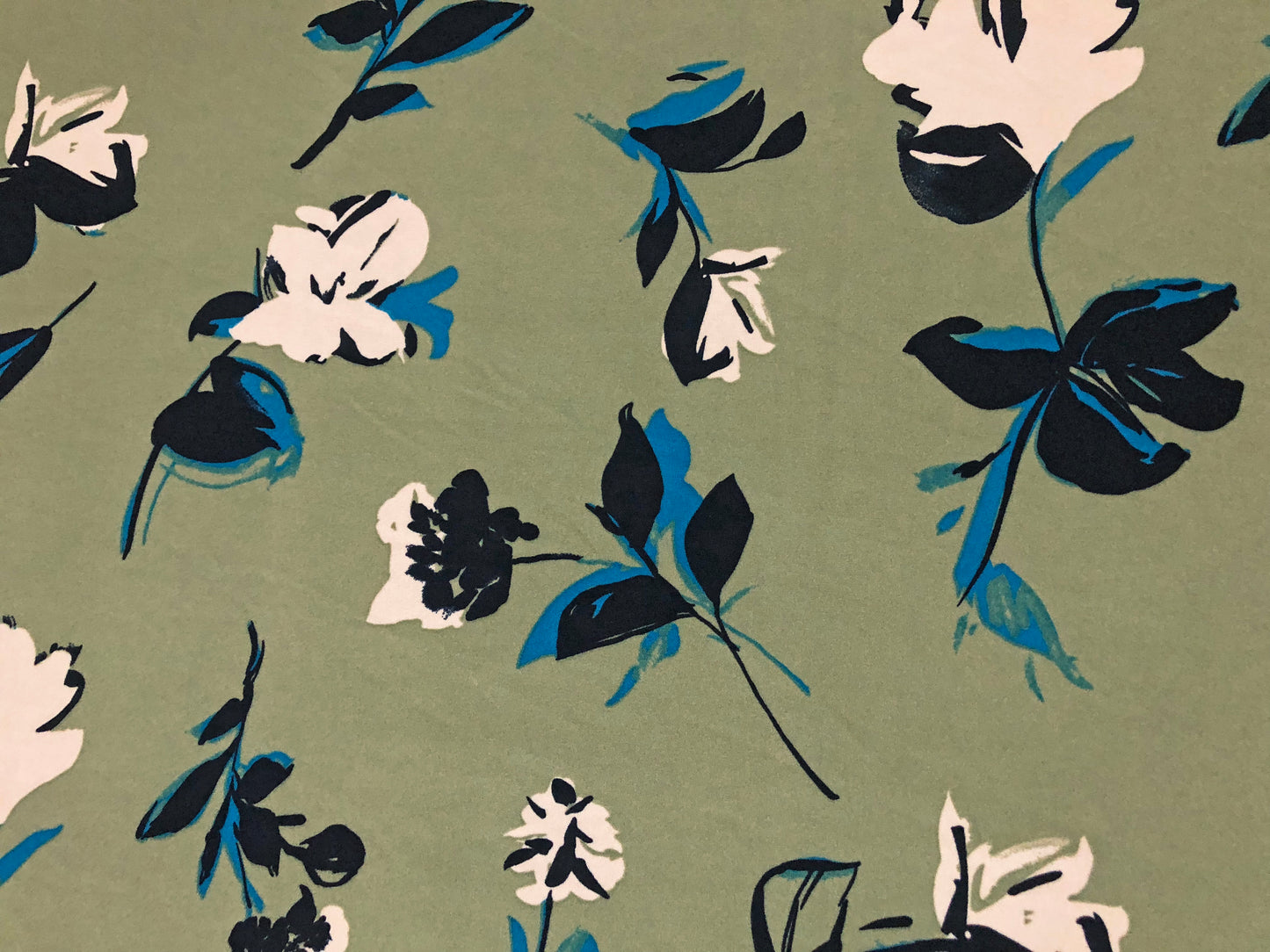 Techno Crepe Printed Fabric-Sage Green Blue Flowers-TCRP054-Sold by the Yard