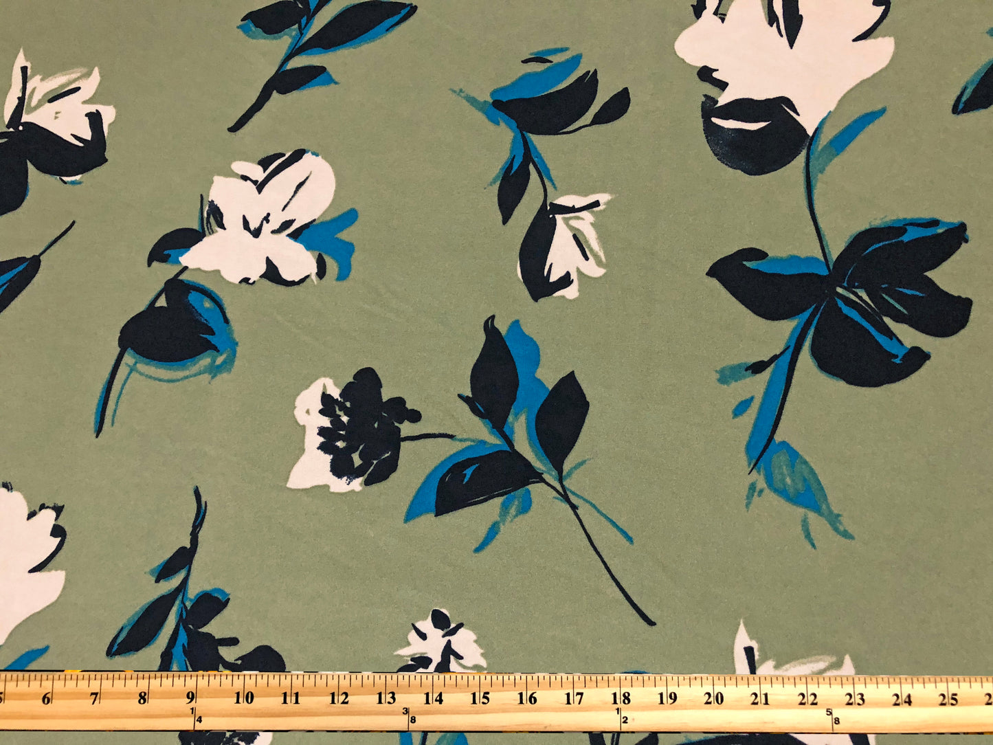 Techno Crepe Printed Fabric-Sage Green Blue Flowers-TCRP054-Sold by the Yard