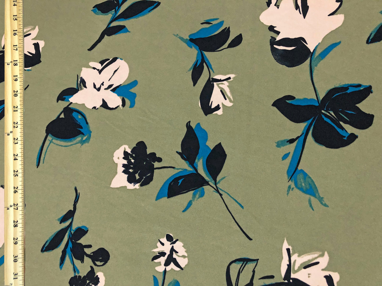 Techno Crepe Knit – Sage Green with Ivory & Teal Florals, 4-Way Stretch, 56" Wide, 240 GSM - By the Yard (TCRP054)