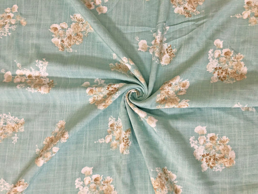 Sage Green Rayon Slub with Cream/Beige Floral Sprigs — 100% Rayon, 52″ Wide — Fabric by the Yard (RSLPR01)
