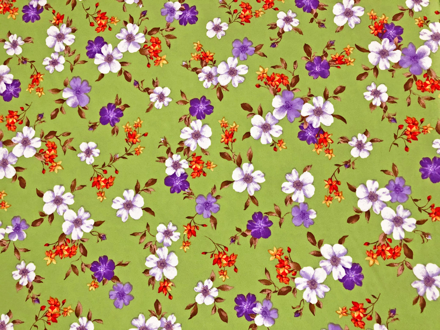 Techno Crepe Knit — Olive Green Floral/Lavender/White & Coral Blooms, 4-Way Stretch, 240 GSM, 56" Wide, Wrinkle Resistant - By the Yard (TCRP092)