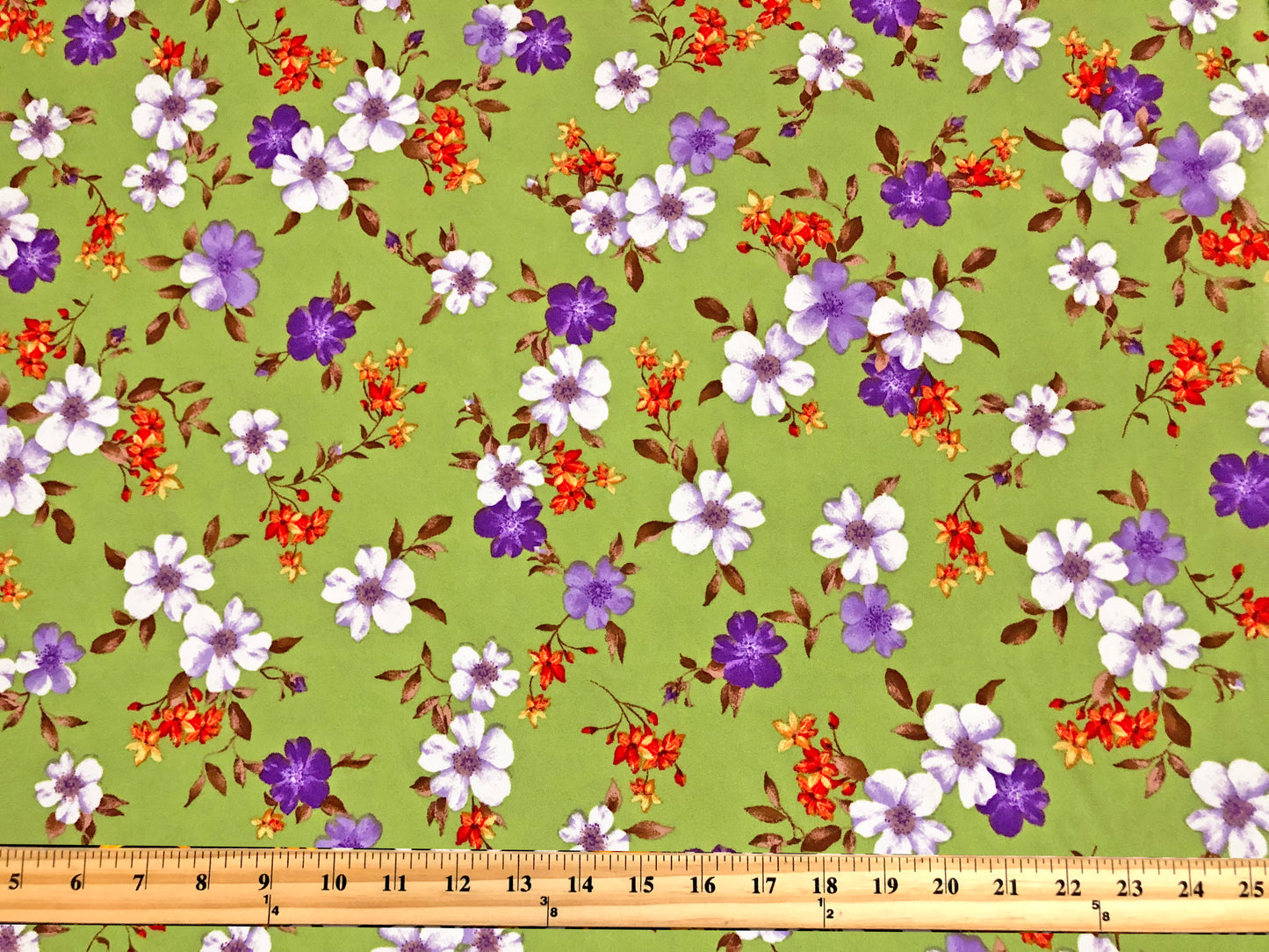 Techno Crepe Knit — Olive Green Floral/Lavender/White & Coral Blooms, 4-Way Stretch, 240 GSM, 56" Wide, Wrinkle Resistant - By the Yard (TCRP092)