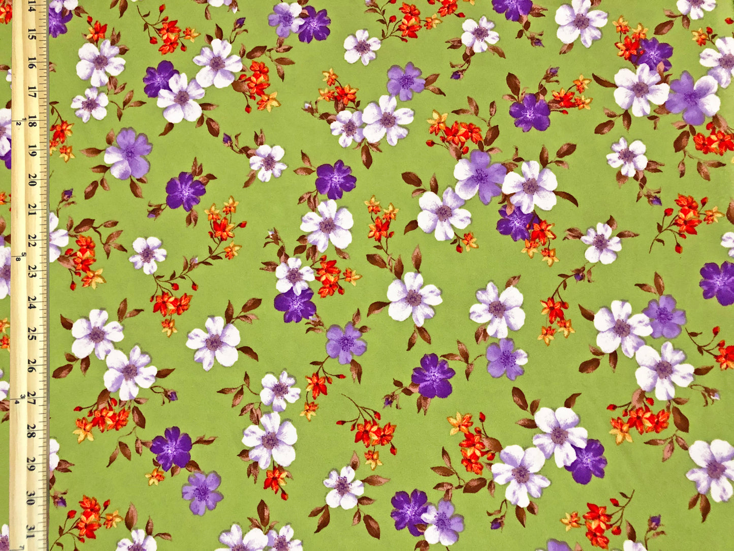 Techno Crepe Knit — Olive Green Floral/Lavender/White & Coral Blooms, 4-Way Stretch, 240 GSM, 56" Wide, Wrinkle Resistant - By the Yard (TCRP092)