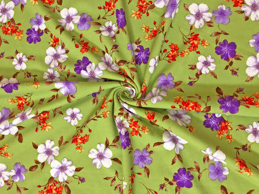 Techno Crepe Knit — Olive Green Floral/Lavender/White & Coral Blooms, 4-Way Stretch, 240 GSM, 56" Wide, Wrinkle Resistant - By the Yard (TCRP092)
