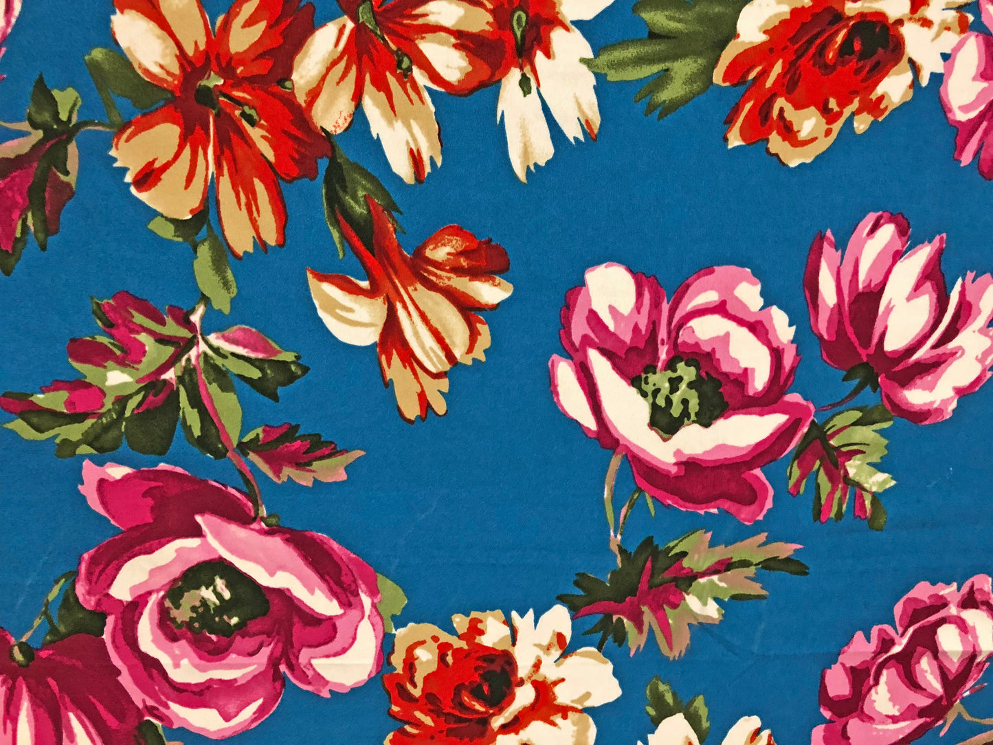 Techno Crepe Knit Fabric – Teal Blue with Fuchsia, Red & Ivory Florals, Green Leaves – 4-Way Stretch, 56" Wide, 240 GSM, Silky Drape – Sold by the Yard (TCRP041)