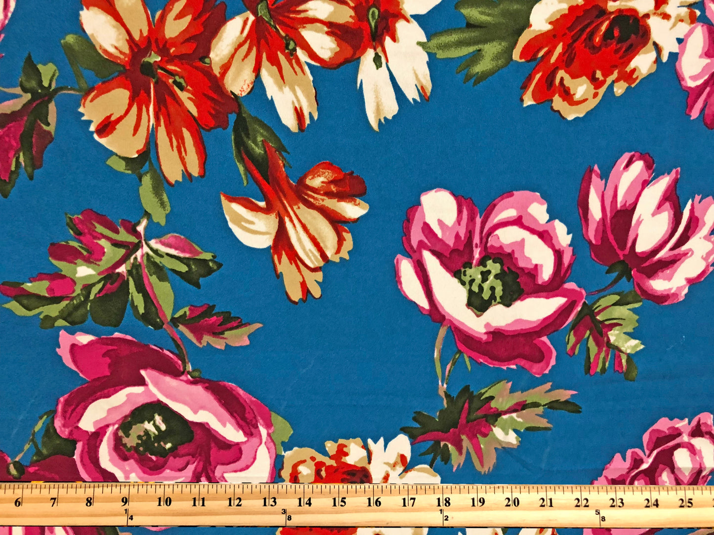 Techno Crepe Knit Fabric – Teal Blue with Fuchsia, Red & Ivory Florals, Green Leaves – 4-Way Stretch, 56" Wide, 240 GSM, Silky Drape – Sold by the Yard (TCRP041)