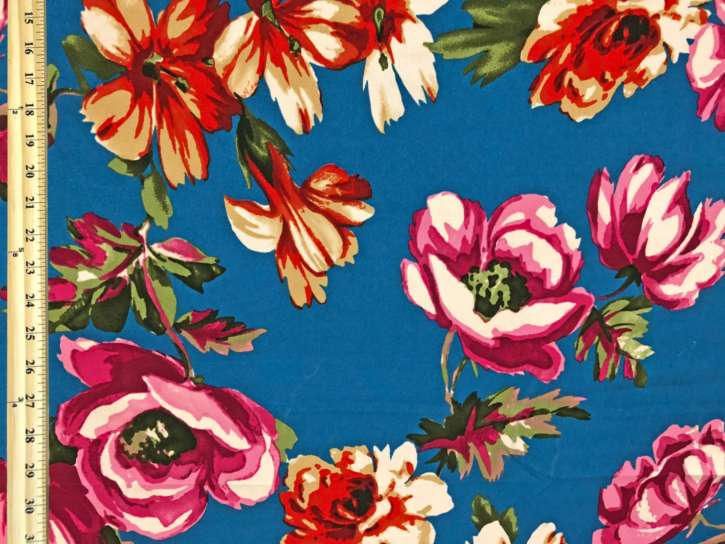 Techno Crepe Knit Fabric – Teal Blue with Fuchsia, Red & Ivory Florals, Green Leaves – 4-Way Stretch, 56" Wide, 240 GSM, Silky Drape – Sold by the Yard (TCRP041)