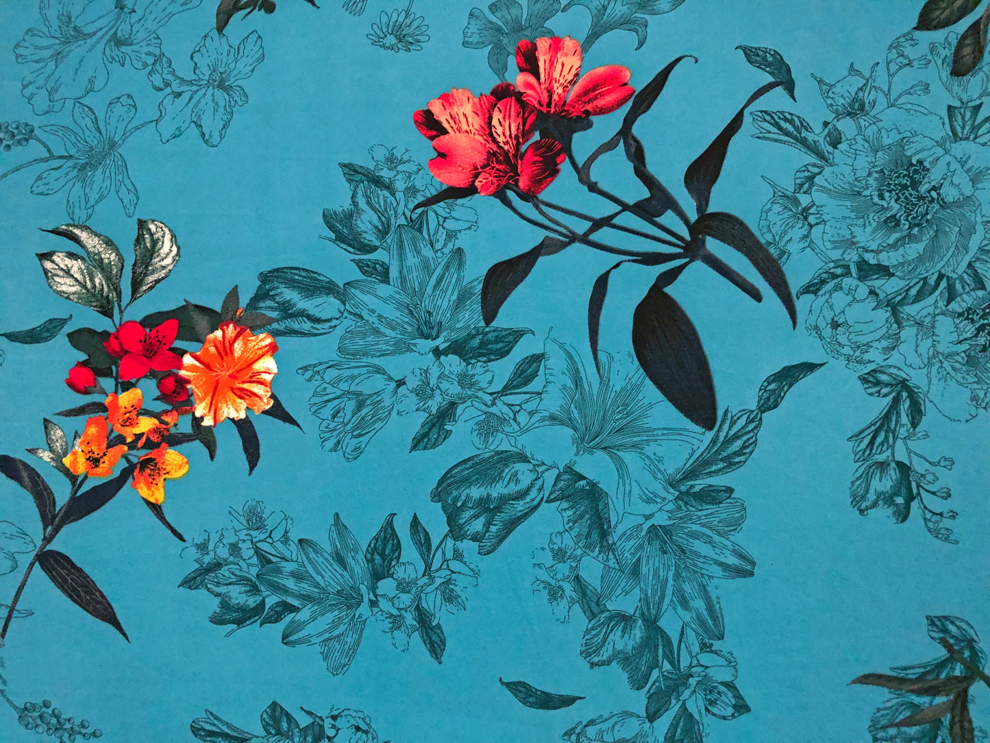 Teal Botanical Floral – Poly Dobby — Fluid Drape, Soft Matte Texture | 56″ Wide | 100% Polyester | By the Yard (PDBPR08)
