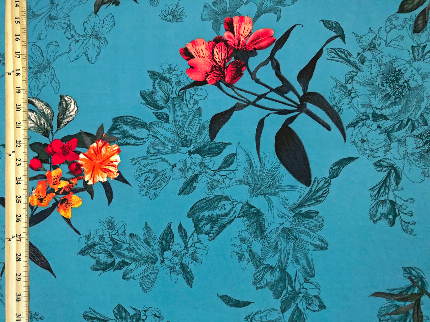 Teal Botanical Floral – Poly Dobby — Fluid Drape, Soft Matte Texture | 56″ Wide | 100% Polyester | By the Yard (PDBPR08)