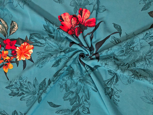 Teal Botanical Floral – Poly Dobby — Fluid Drape, Soft Matte Texture | 56″ Wide | 100% Polyester | By the Yard (PDBPR08)