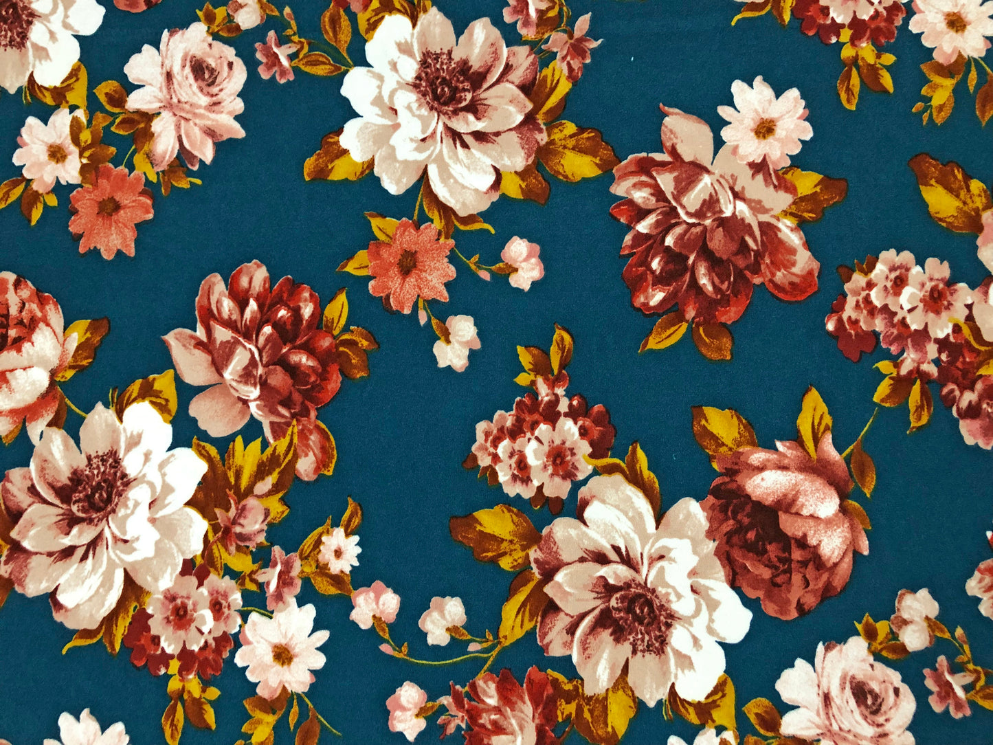 Techno Crepe Printed Fabric-Teal Rust White Flowers-TCRP062-Sold by the Yard