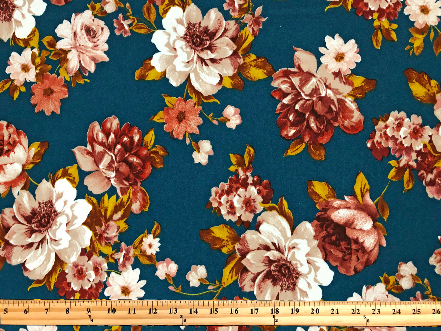 Techno Crepe Printed Fabric-Teal Rust White Flowers-TCRP062-Sold by the Yard