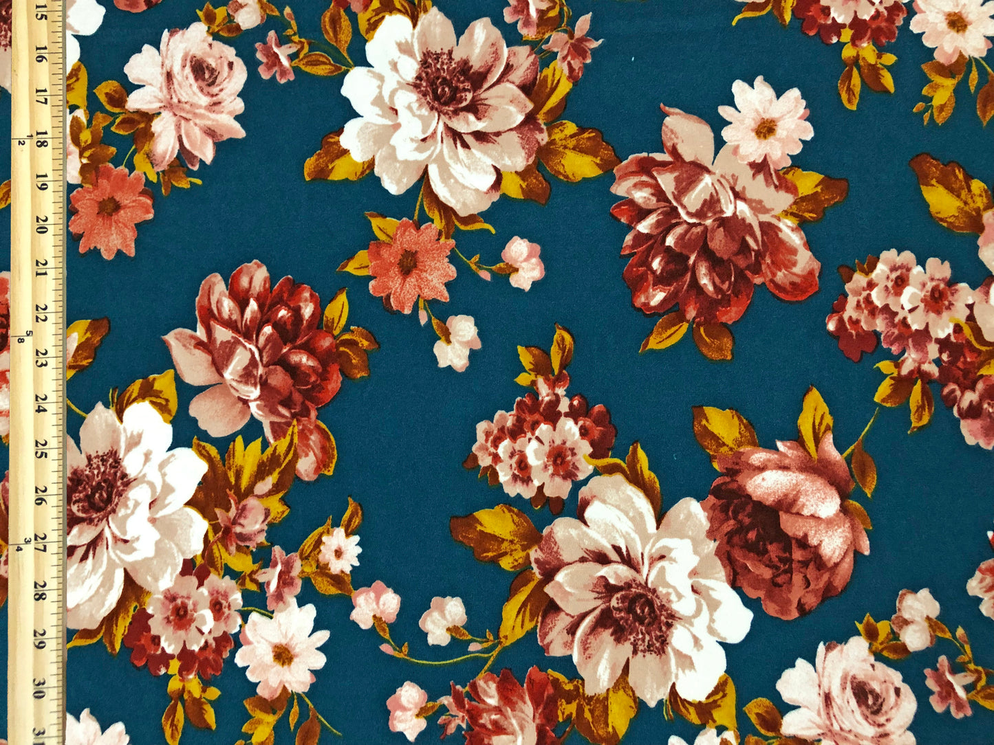 Techno Crepe Printed Fabric-Teal Rust White Flowers-TCRP062-Sold by the Yard