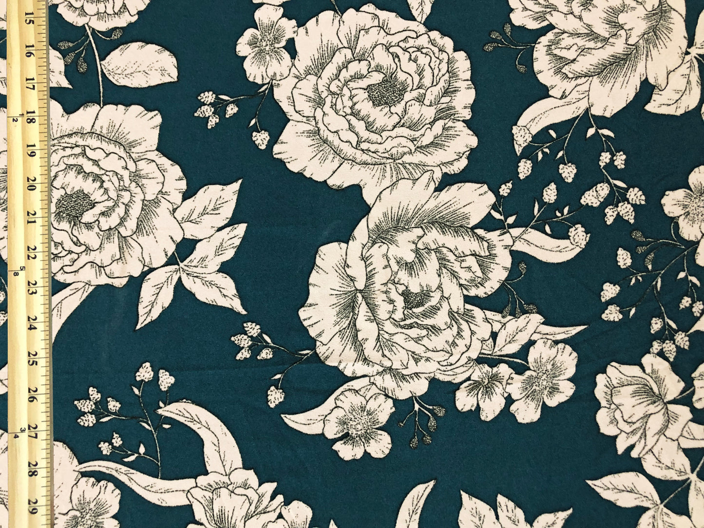 Techno Crepe Knit Fabric – Silky Drape, 4-Way Stretch, Wrinkle-Resistant, 56″, 240 GSM – Teal/Ivory Sketch Floral – Sold by the Yard (TCRP084)