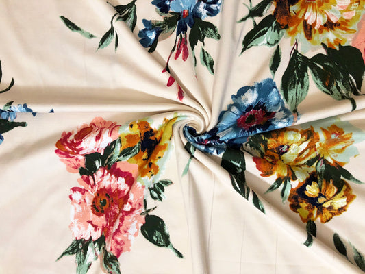 DTY Brushed Fabric| Vanilla Blue Pink Flowers |DTYBPR534|Sold by the Yard| Jersey Fabric
