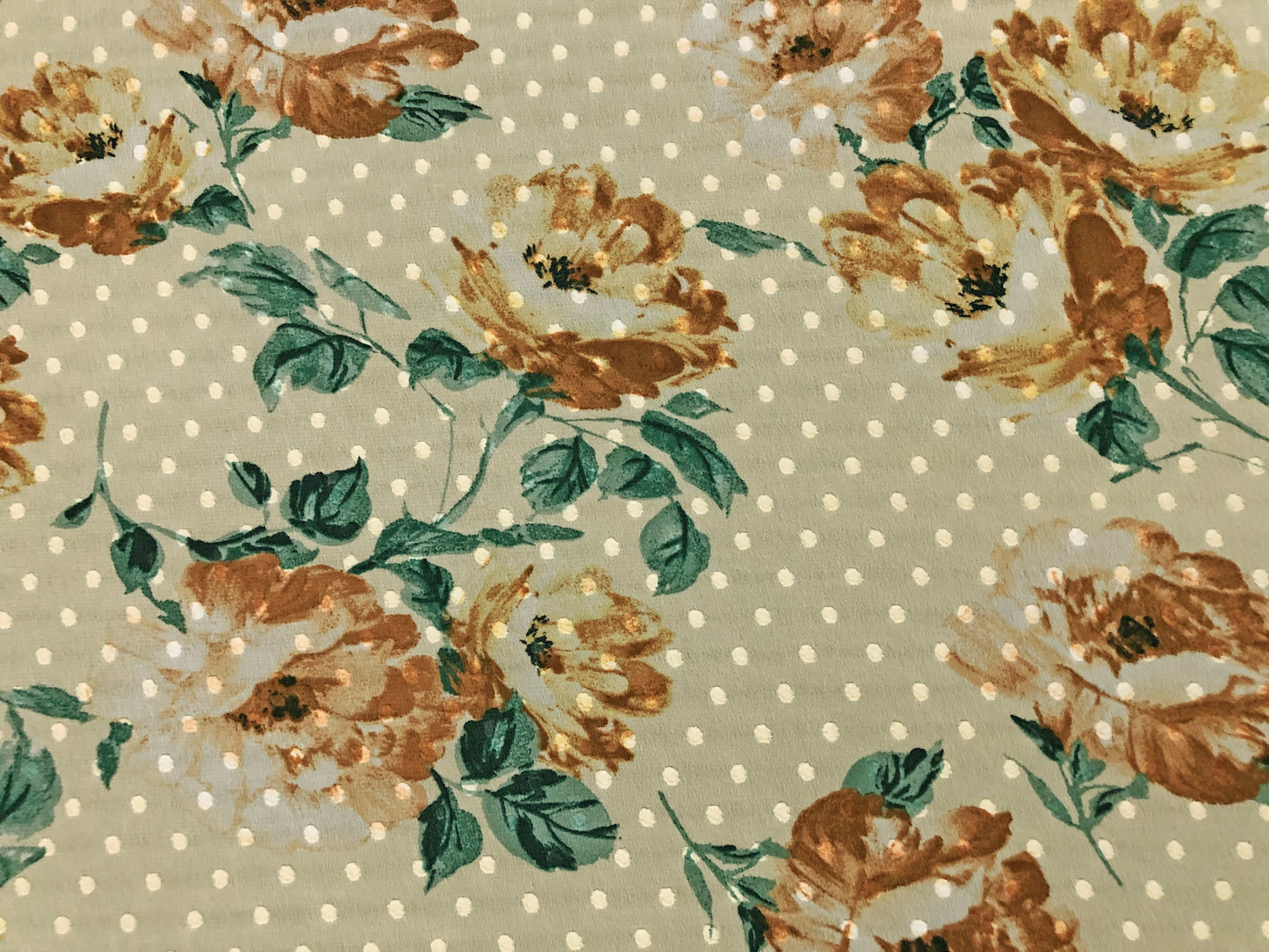 Warm-Sage Swiss-Dot Chiffon with Caramel & Cream Roses — Sheer, 52" Wide, No Stretch — By the Yard (CFPR06)