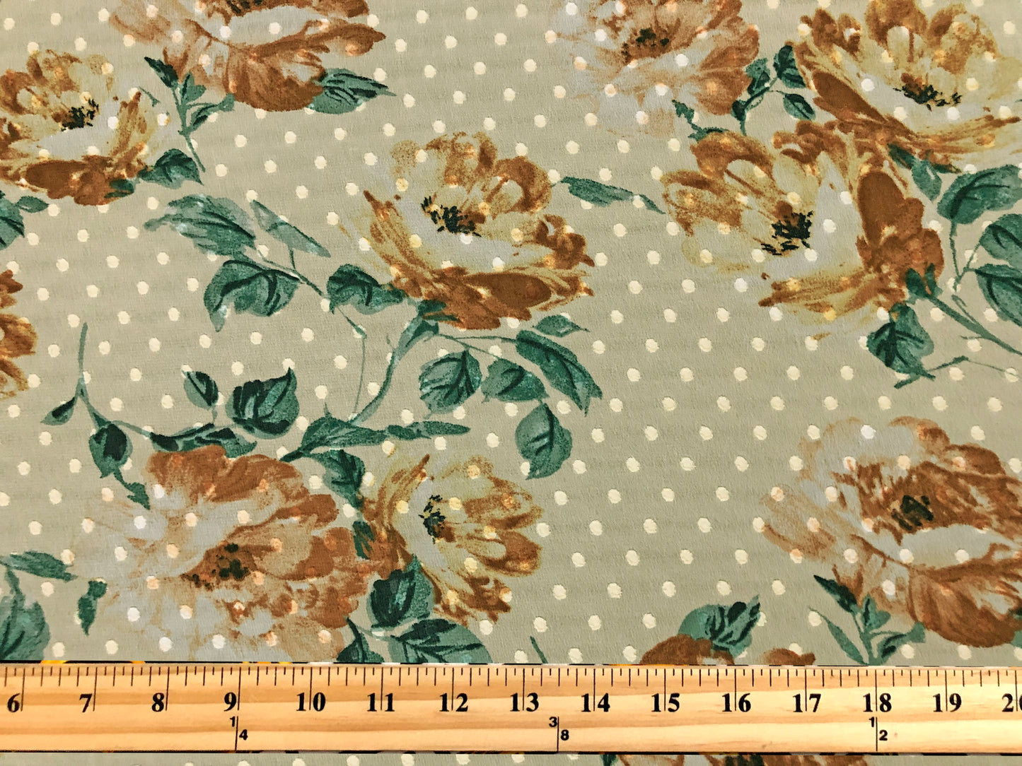 Warm-Sage Swiss-Dot Chiffon with Caramel & Cream Roses — Sheer, 52" Wide, No Stretch — By the Yard (CFPR06)