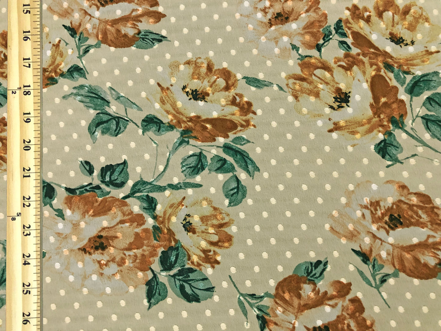 Warm-Sage Swiss-Dot Chiffon with Caramel & Cream Roses — Sheer, 52" Wide, No Stretch — By the Yard (CFPR06)