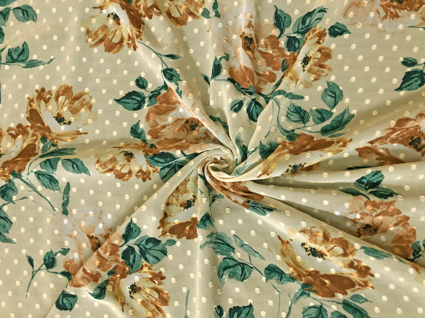 Warm-Sage Swiss-Dot Chiffon with Caramel & Cream Roses — Sheer, 52" Wide, No Stretch — By the Yard (CFPR06)