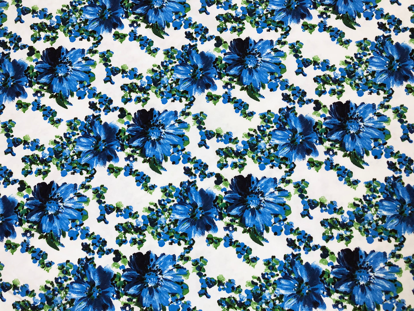 Techno Crepe Knit — White & Blue Floral/Cobalt Blooms with Emerald Sprigs, 4-Way Stretch, 240 GSM, 56" Wide, Wrinkle Resistant - By the Yard (TCRP0103)