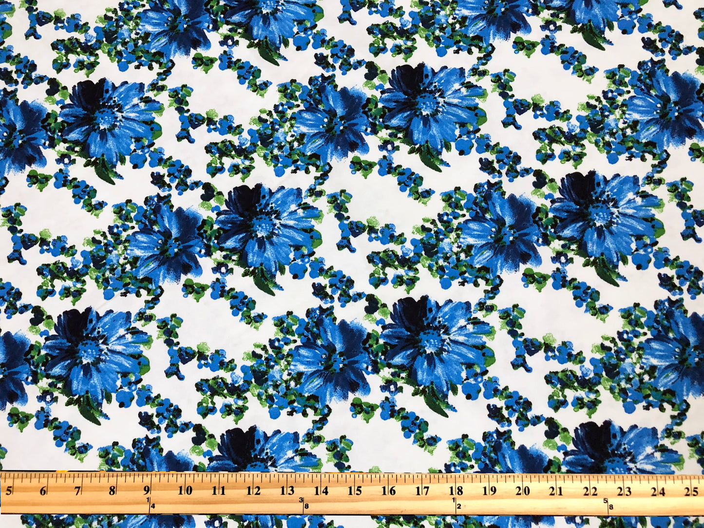 Techno Crepe Knit — White & Blue Floral/Cobalt Blooms with Emerald Sprigs, 4-Way Stretch, 240 GSM, 56" Wide, Wrinkle Resistant - By the Yard (TCRP0103)