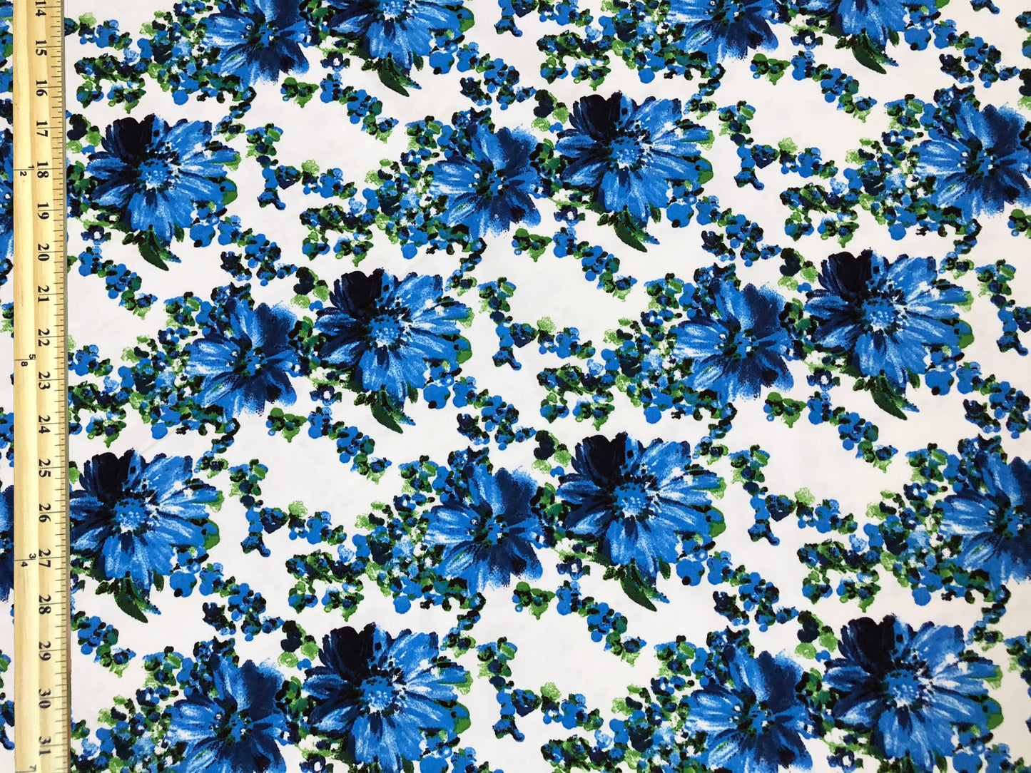 Techno Crepe Knit — White & Blue Floral/Cobalt Blooms with Emerald Sprigs, 4-Way Stretch, 240 GSM, 56" Wide, Wrinkle Resistant - By the Yard (TCRP0103)