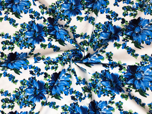 Techno Crepe Knit — White & Blue Floral/Cobalt Blooms with Emerald Sprigs, 4-Way Stretch, 240 GSM, 56" Wide, Wrinkle Resistant - By the Yard (TCRP0103)