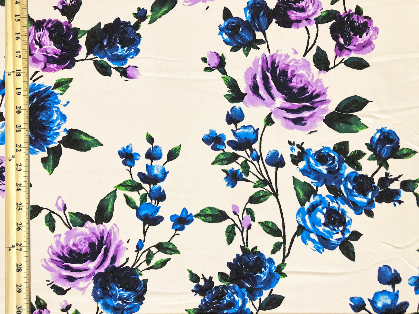 Techno Crepe Knit — Ivory Floral/Cobalt & Orchid Roses, 4-Way Stretch, 240 GSM, 56" Wide, Wrinkle Resistant - By the Yard (TCRP0101)