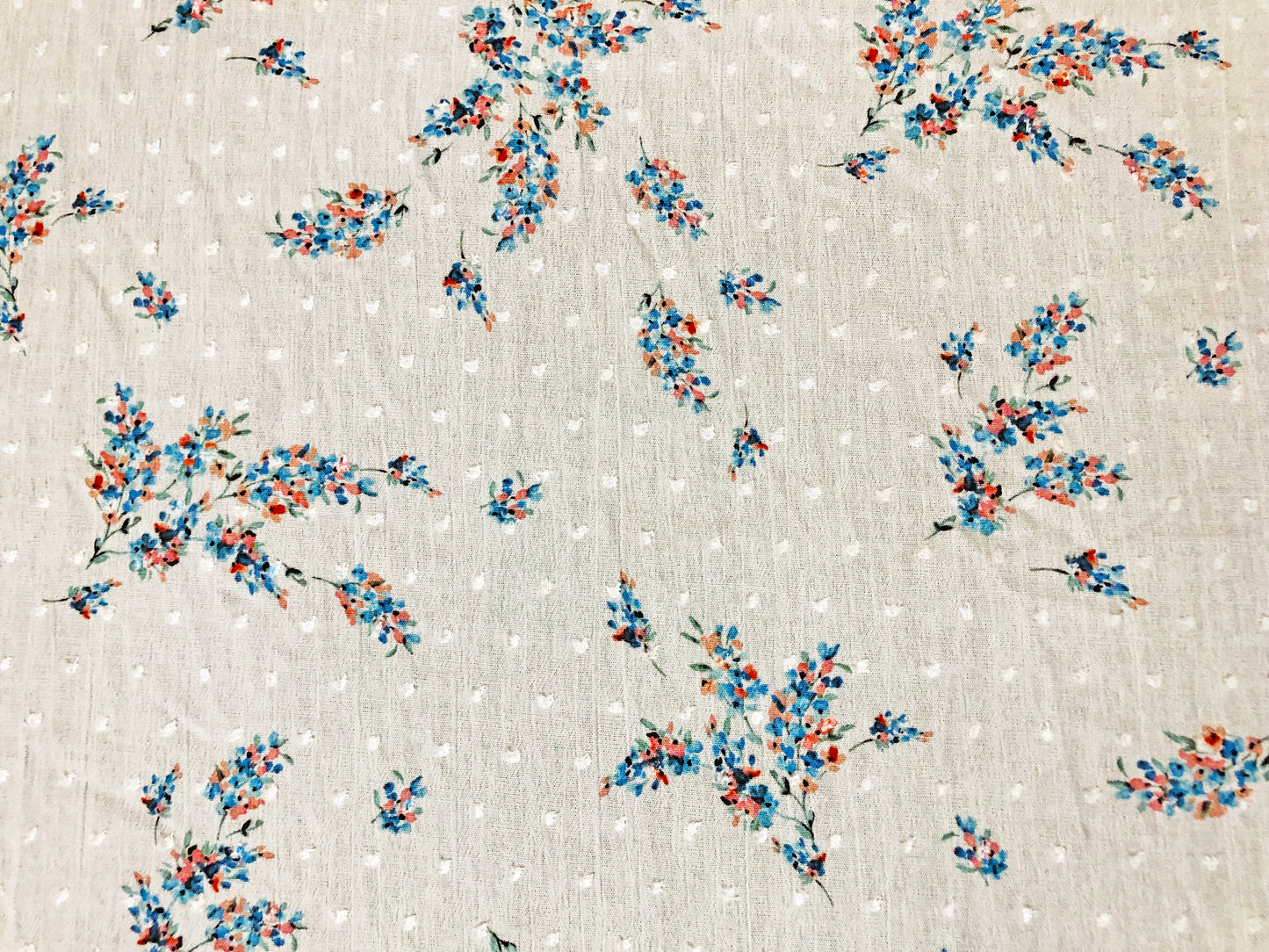 White Swiss Dot Rayon Gauze with Blue & Coral-Pink Wildflower Sprigs — 100% Rayon, 52″ Wide — Fabric by the Yard (RGZPR017)