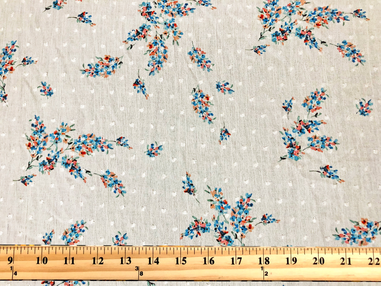 White Swiss Dot Rayon Gauze with Blue & Coral-Pink Wildflower Sprigs — 100% Rayon, 52″ Wide — Fabric by the Yard (RGZPR017)