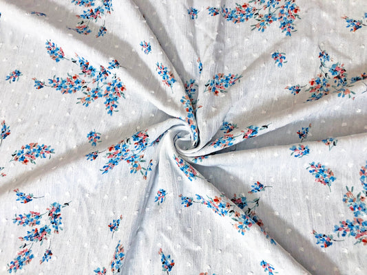 White Swiss Dot Rayon Gauze with Blue & Coral-Pink Wildflower Sprigs — 100% Rayon, 52″ Wide — Fabric by the Yard (RGZPR017)