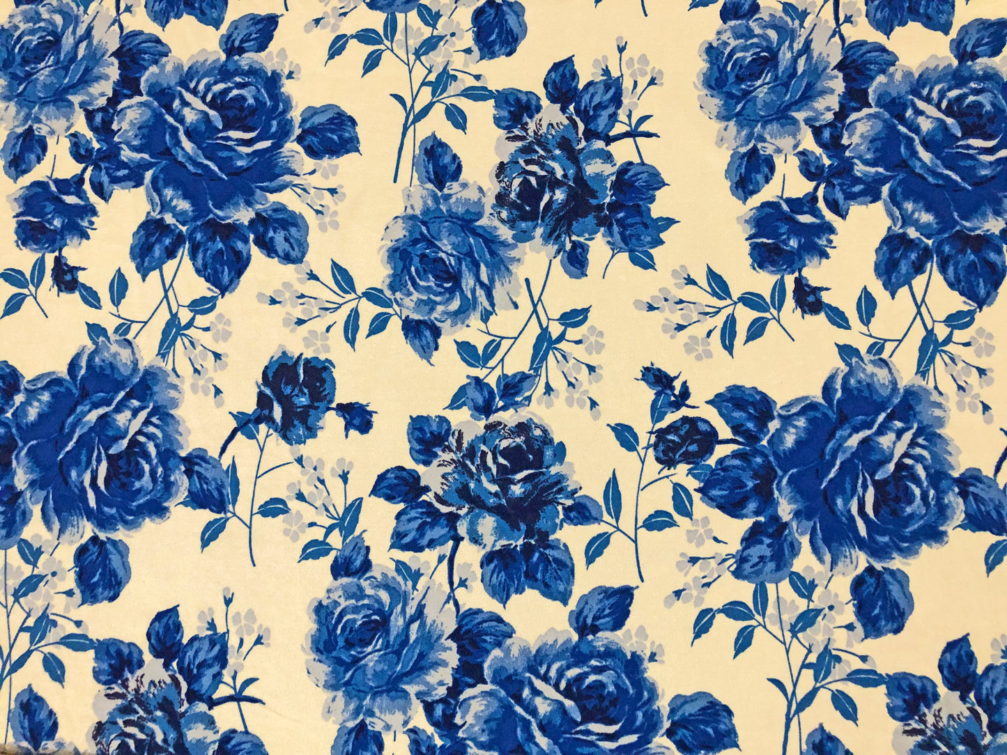 Techno Crepe Knit Fabric – White with Cobalt & Royal Blue Roses – 4-Way Stretch, 56" Wide, 240 GSM, Silky Drape – Sold by the Yard (TCRP037)