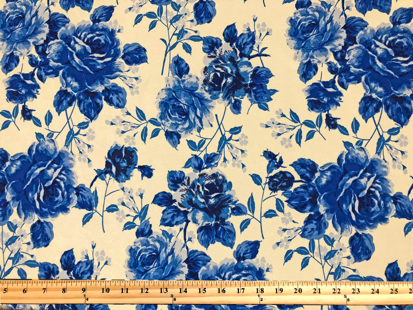 Techno Crepe Knit Fabric – White with Cobalt & Royal Blue Roses – 4-Way Stretch, 56" Wide, 240 GSM, Silky Drape – Sold by the Yard (TCRP037)