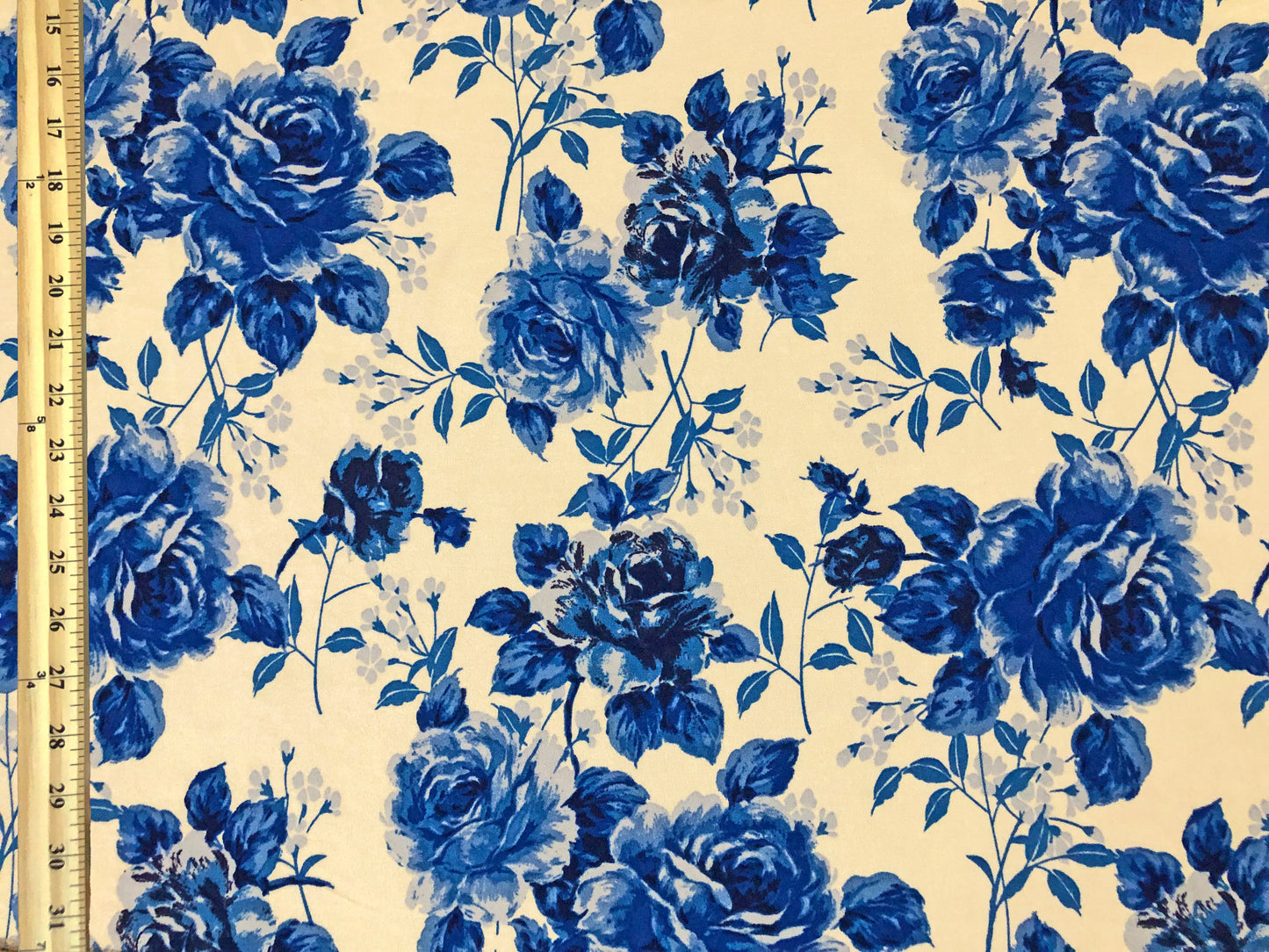 Techno Crepe Knit Fabric – White with Cobalt & Royal Blue Roses – 4-Way Stretch, 56" Wide, 240 GSM, Silky Drape – Sold by the Yard (TCRP037)