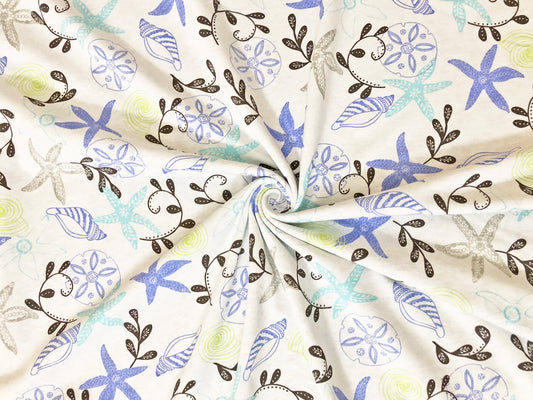 Coastal Seashells & Starfish Cotton – Cream with Aqua & Periwinkle | 100% Cotton, Non-Stretch, 52″ Wide – Sold by the Yard (CTJPR017)