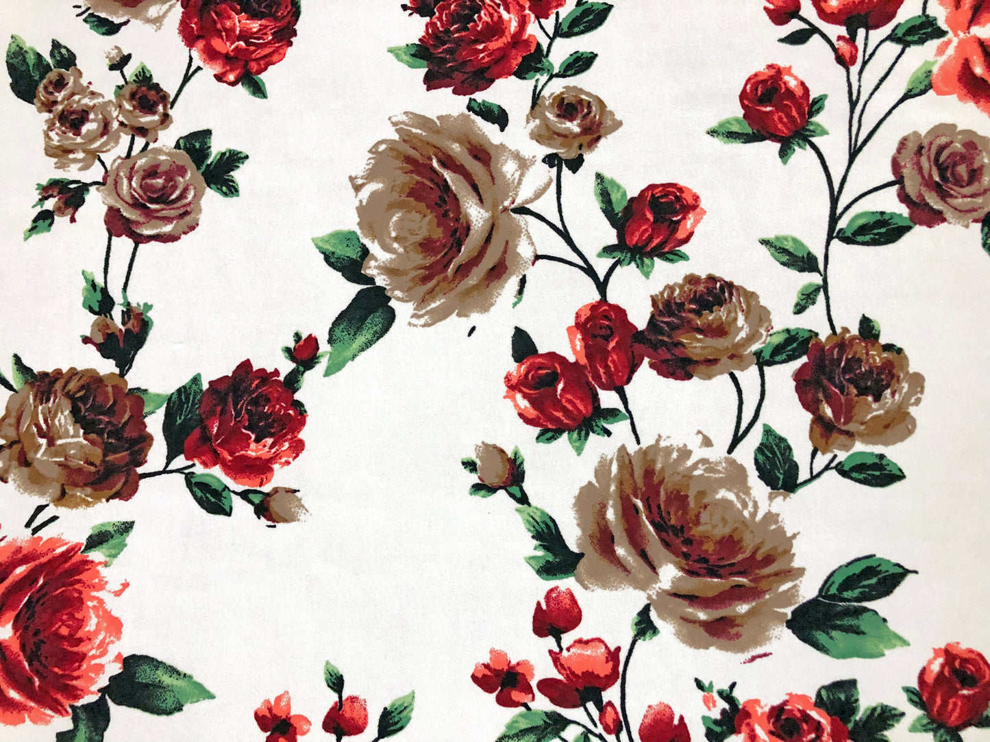 Techno Crepe Knit — White Rose/Brick Red & Taupe Roses with Emerald Leaves, 4-Way Stretch, 240 GSM, 56" Wide, Wrinkle Resistant - By the Yard (TCRP0100)
